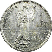 ROMANIA Carol I Silver 1914 1  Leu XF/aUNC KM# 42 (24 275)