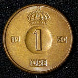 Sweden Gustaf VI Adolf Bronze 1960 TS 1 Ore GEM BU Toned KM# 820 (30 221)