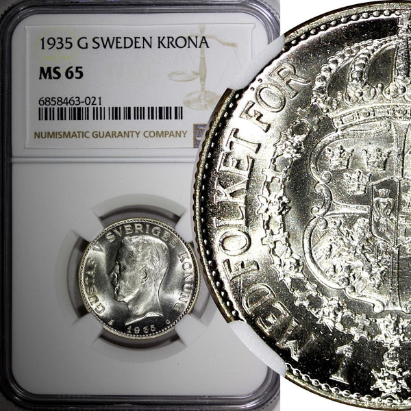 SWEDEN Gustaf V Silver 1935 1 Krona NGC MS65 GEM BU  KM# 786.2 (021)