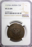 Russia Catherine I Copper 1727 KD 5 Kopecks Moscow Mint NGC VF25  KM# 179 (17)