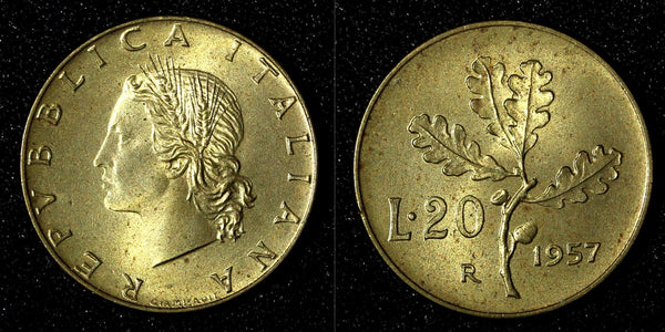 Italy Aluminum-Bronze 1957 R 20 Lire Plain "7" UNC KM# 97.1 (27 675)
