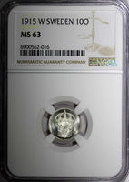 Sweden Gustaf V (1908-1950) Silver 1915 W 10 Ore NGC MS63 GEM BU KM# 780 (016)