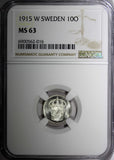 Sweden Gustaf V (1908-1950) Silver 1915 W 10 Ore NGC MS63 GEM BU KM# 780 (016)