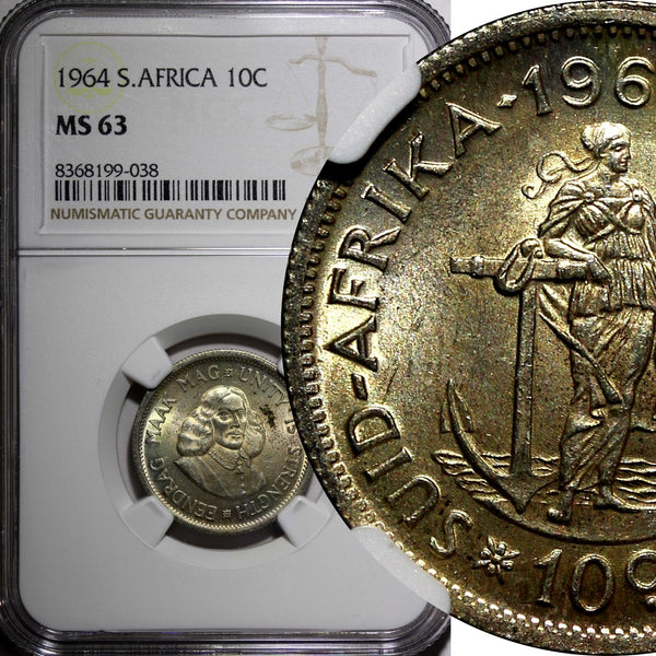 South Africa Silver 1964 10 Cents Jan van Riebeeck NGC MS63 Toned KM# 60 (038)