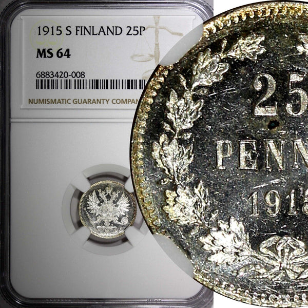 FINLAND Nicholas II Silver 1915 S 25 Pennia NGC MS64  GEM BU KM #6.2 (008)