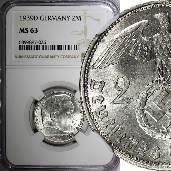 GERMANY-Third Reich Silver 1939 D 2 ReichsMark NGC MS63 Hindenburg KM# 93 (026)