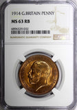 GREAT BRITAIN George V Bronze 1914 1 Penny NGC MS63 RB  KM# 810 (032)