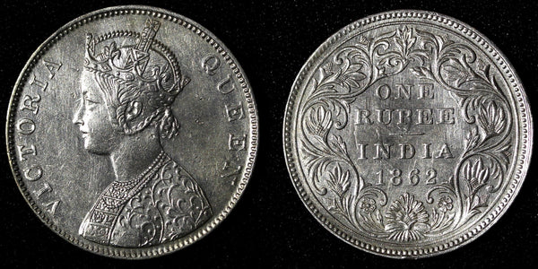 India-British Victoria Silver 1862 (B) Rupee Better Date aUNC KM# 473.1 (28 297)