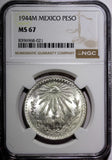 Mexico ESTADOS UNIDOS MEXICANOS Silver 1944 M 1 Peso NGC MS67 GEM BU KM# 455 (1)