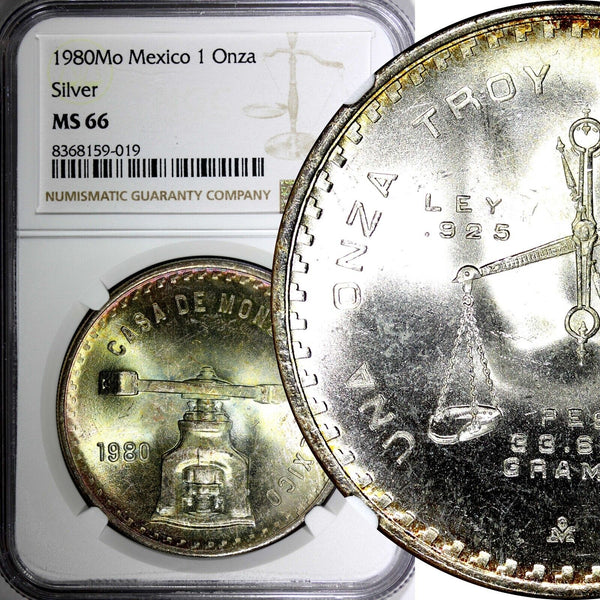 MEXICO Silver 1980 Mo Onza NGC MS66 GEM BU RAINBOW TONED KM# M49b.5 (9)