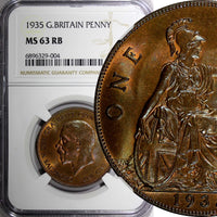 GREAT BRITAIN George V Bronze 1935 1 Penny NGC MS63 RB NICE TONING KM# 838 (04)