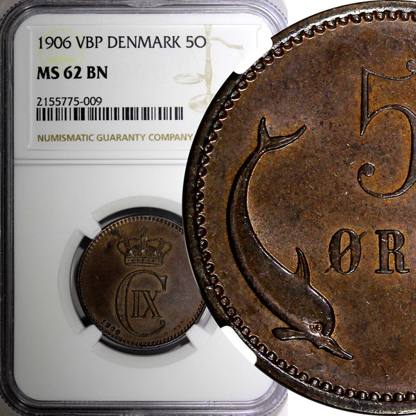 Denmark Christian IX Bronze 1906 5 Øre NGC MS62 BN KM# 794.2 (009)