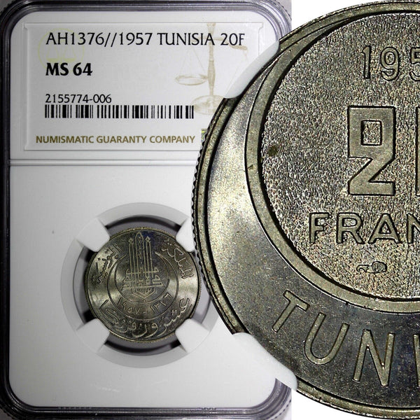 TUNISIA Muhammad VIII AH1376 1957 20 Francs NGC MS64 GEM BU KM# 274 (6)