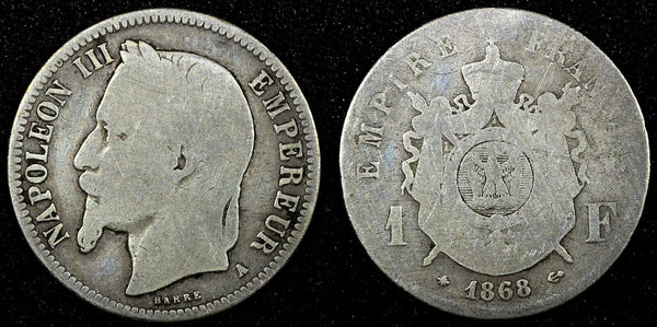 FRANCE Napoleon III Silver  1868 A 1 Franc Paris Mint KM# 806.1 (25 539)