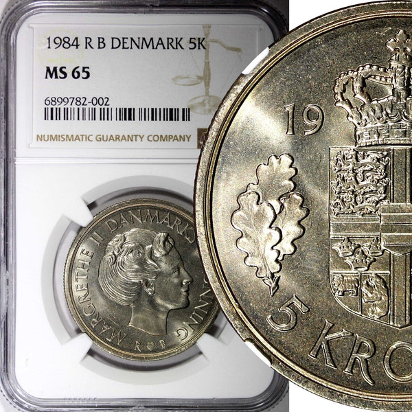 DENMARK Margrethe II 1984 R B  5 Kroner NGC MS65 ONLY 1 GRADED HIGH KM# 863.3(2)