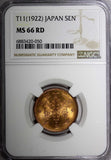 JAPAN Taishō Bronze T1 (1922) 1 Sen NGC MS66 RD NICE RED TOP GRADED Y# 42 (050)