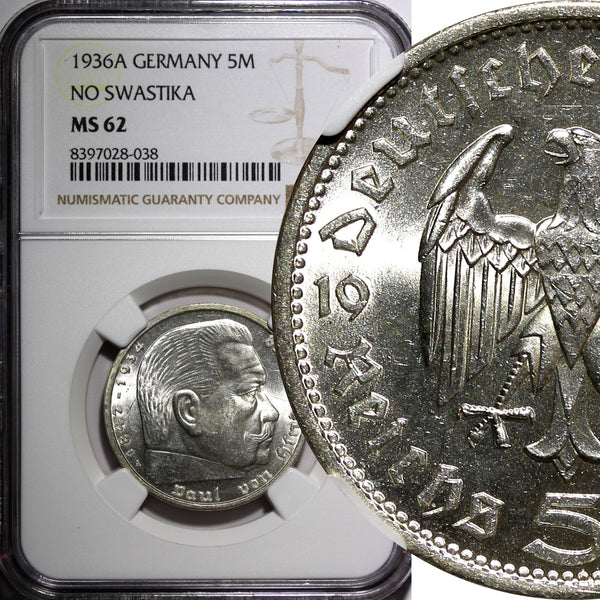 Germany - Third Reich Silver 1936 A 5 Reichsmark Berlin Mint NGC MS62 KM# 86(38)