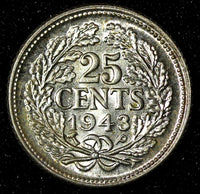 Curacao Wilhelmina Silver 1943 P 25 Cents Philadelphia Mint UNC  KM# 38 (28 133)