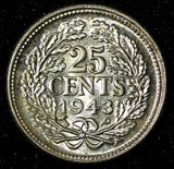Curacao Wilhelmina Silver 1943 P 25 Cents Philadelphia Mint UNC  KM# 38 (28 133)