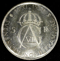 SWEDEN Silver 1952 ST 5 Kronor 70th Birthday Gustaf VI Adolf BU KM# 828 (26 711)