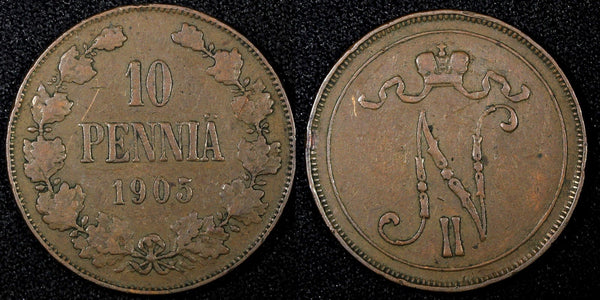 Finland Nicholas II Copper  1905 10 Penniä  Mintage-500,000 KM# 14 (27 151)