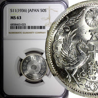 JAPAN Shōwa Silver Year 11 (1936) 50 Sen NGC MS63 Mint Luster Y# 50 (25)