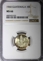 GUATEMALA Silver 1964 10 Centavos NGC MS66 GEM BU LUSTER KEY DATE KM# 262 (025)