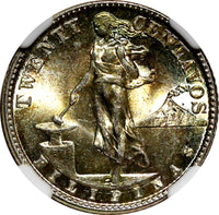 Philippines Silver 1945 D 20 Centavos NGC MS65 Nice GEM BU  KM#182 (023)