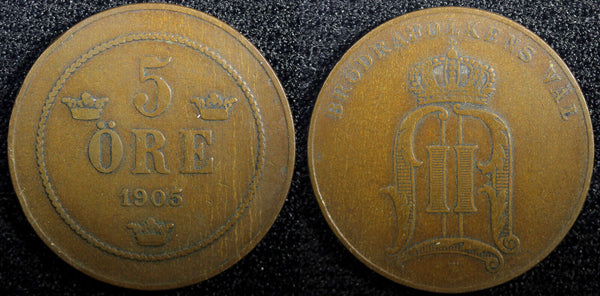 SWEDEN Oscar II Bronze 1905 5 Öre 27mm Mintage-545,080 KM# 757 (23 170)