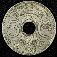 FRANCE Copper-Nickel 1932 5 Centimes XF KM# 875 (25 057)