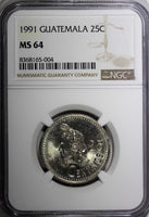 Guatemala Copper-Nickel 1991 25 Centavos NGC MS64 KM# 278.5 (004)