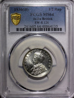 India-British George V Silver 1936 (B)  1/2 Rupee PCGS MS64 Luster KM# 522 (35)