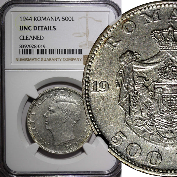 ROMANIA Mihai I Silver 1944 500 Lei WWII Issue 32mm NGC UNC DETAILS KM# 65 (19)