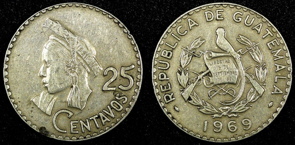 GUATEMALA Copper-Nickel 1969 25 Centavos Large Date KM# 269 (24 655)