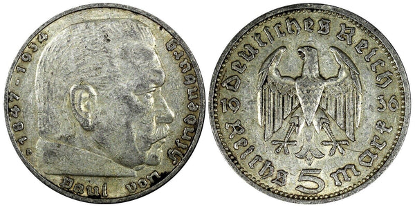 Germany - Third Reich Silver 1936 D 5 Reichsmark Munich Mint KM# 86 (25 151)