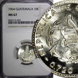 GUATEMALA Silver 1964 10 Centavos NGC MS67 GEM BU LUSTER KEY DATE KM# 262 (033)