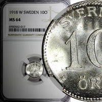 Sweden Gustaf V (1908-1950) Silver 1918 W 10 Ore NGC MS64 GEM BU KM# 780 (017)