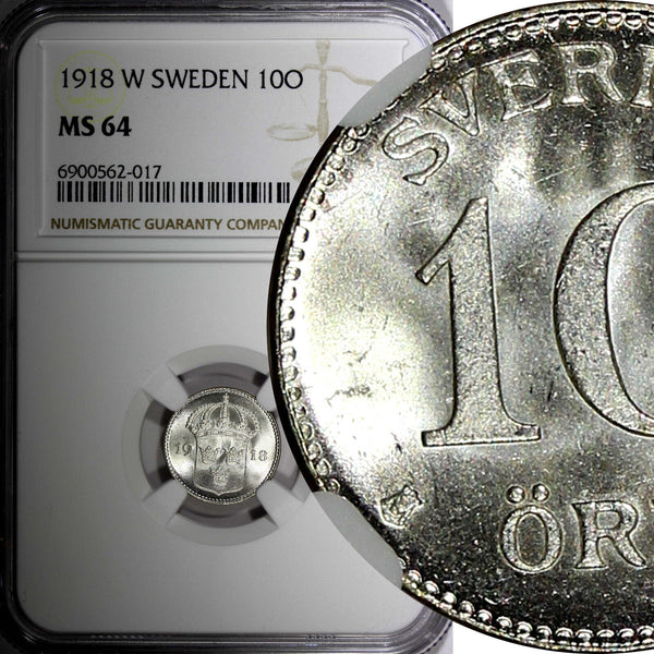 Sweden Gustaf V (1908-1950) Silver 1918 W 10 Ore NGC MS64 GEM BU KM# 780 (017)