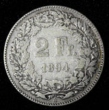 Switzerland Silver 1894 A  2 Francs Helvetia 27.4 mm Better Date KM# 21 (28 487)