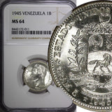 Venezuela Silver 1945 1 Bolivar WWII  US Mint 1 Year Type NGC MS64 Y# 22a (011)