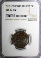 Tunisia Muhammad IV Bronze AH1322 1904 A 5 Centimes NGC MS64 BN KM# 228 (014)