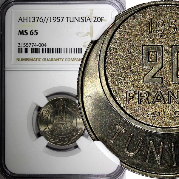 TUNISIA Muhammad VIII AH1376 1957 20 Francs NGC MS65 1 GRADED HIGH KM# 274 (04)