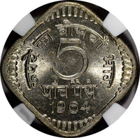 India-Republic 1964 (C) 5 Naye Paise Ashoka Lion Calcutta NGC MS64 KM# 17 (046)