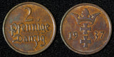 Danzig	Free city Bronze 1937 2 Pfennig ,Last Year XF Nice Toned KM# 141 (30 055)