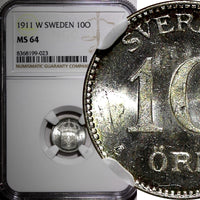 Sweden Gustaf V (1908-1950) Silver 1911 W 10 Ore NGC MS64 GEM BU KM# 780 (023)