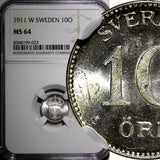 Sweden Gustaf V (1908-1950) Silver 1911 W 10 Ore NGC MS64 GEM BU KM# 780 (023)