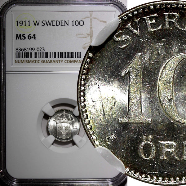 Sweden Gustaf V (1908-1950) Silver 1911 W 10 Ore NGC MS64 GEM BU KM# 780 (023)