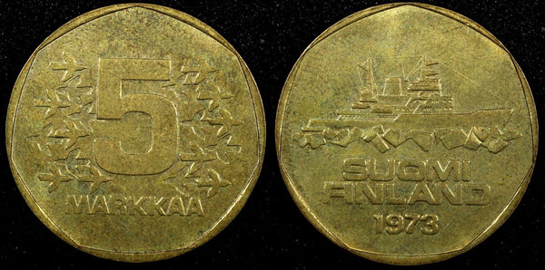 FINLAND Aluminum-Bronze 1973  5 Markkaa UNC KM# 53 (24 002)