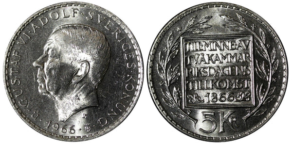 SWEDEN Silver 1966 U 5 Kronor Constitution Reform 1 YEAR TYPE UNC KM# 839 (067)