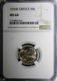 Greece Copper-Nickel 1926 B 50 Lepta Athena  Vienna Mint NGC MS64 KM# 68 (14)